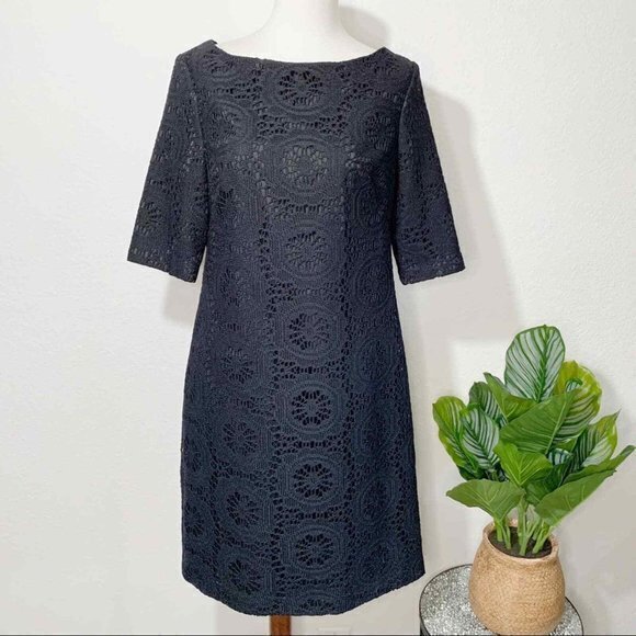 Adrianna Papell Size 6 Navy Blue Sleeves Crochet Lace Midi Pencil Dress Overlay‎ - Picture 1 of 7